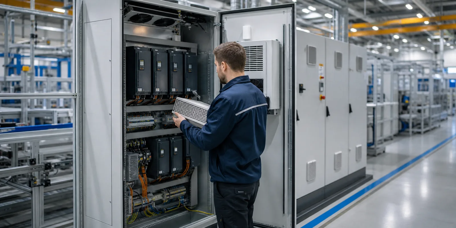 Techniker prueft die innere Luftfuehrung eines offenen Schaltschranks mit Leistungselektronik in einer Produktionshalle