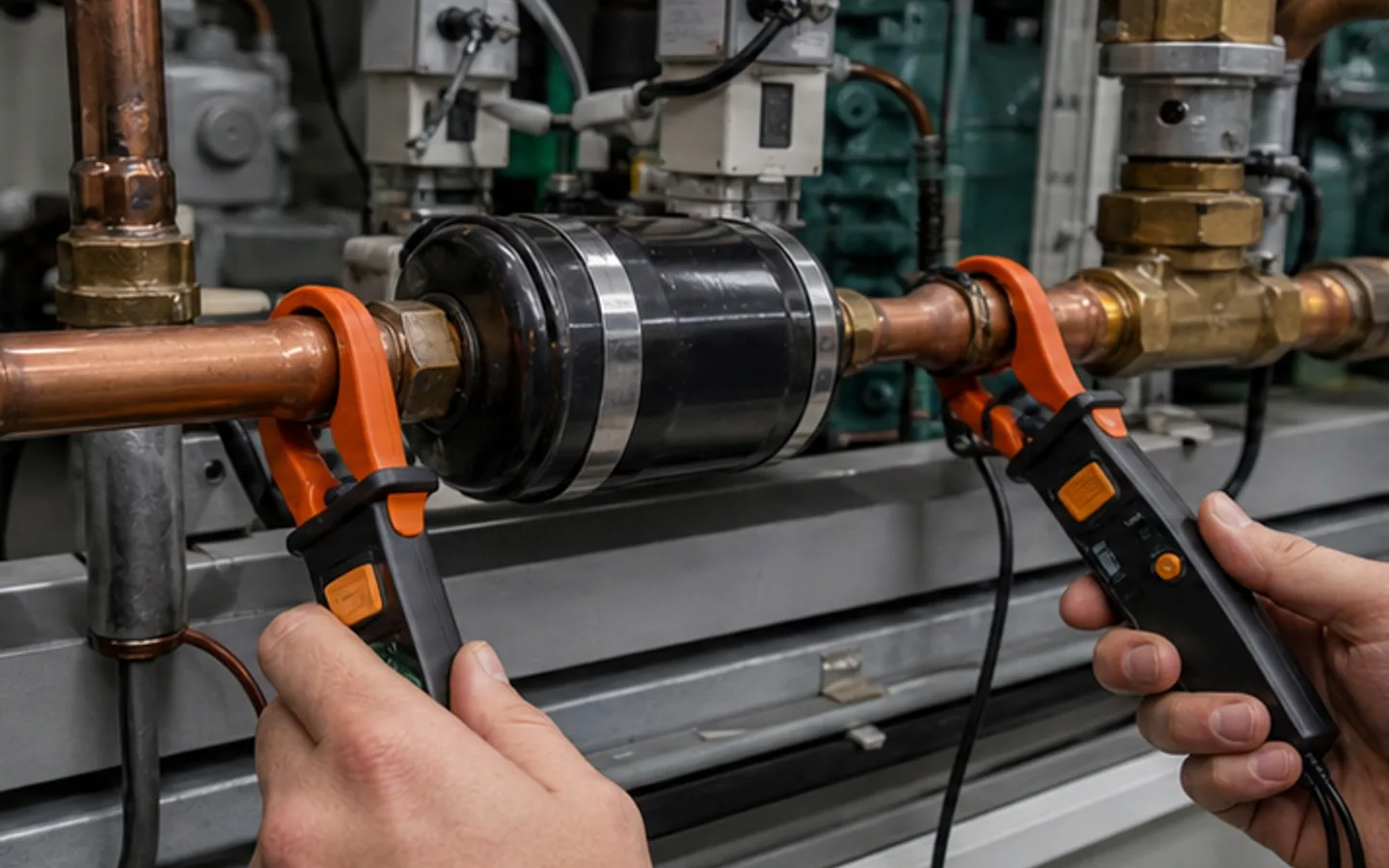 Filtertrockner und Schauglas in der Flüssigkeitsleitung einer Gewerbekälteanlage