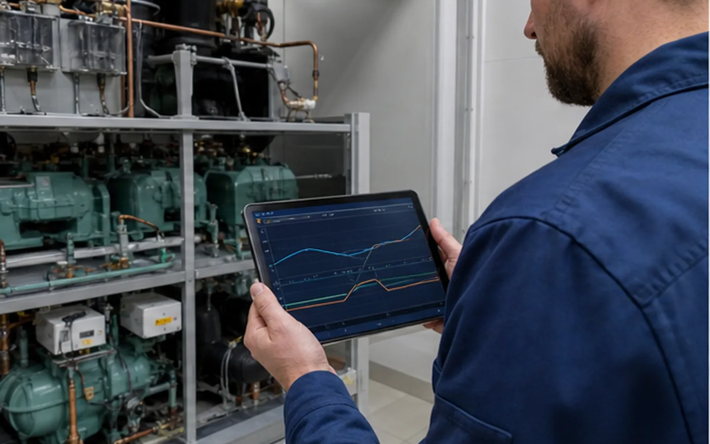 Techniker misst Temperaturen vor und nach dem Filtertrockner einer Kälteanlage