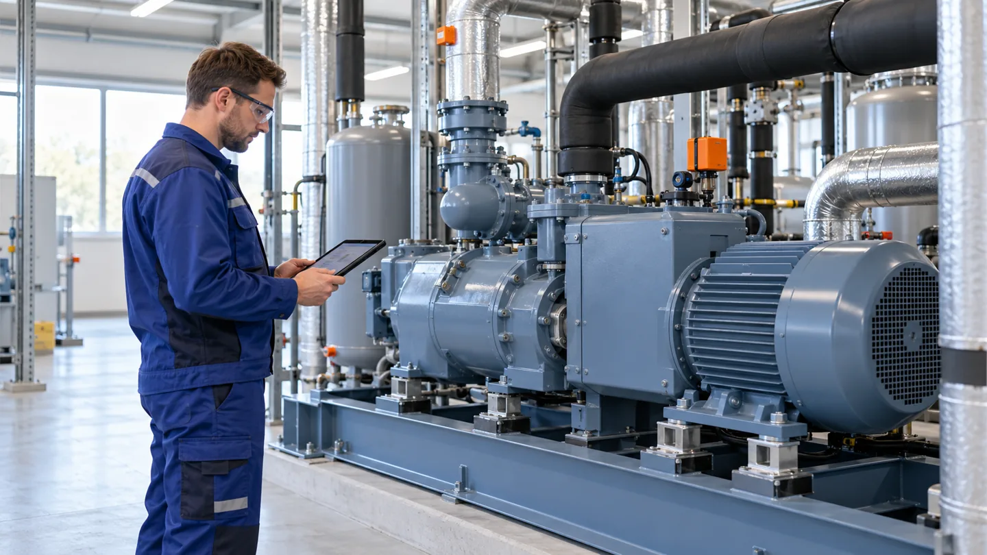 Servicetechniker dokumentiert Betriebswerte eines industriellen Verdichtersatzes auf einem Tablet