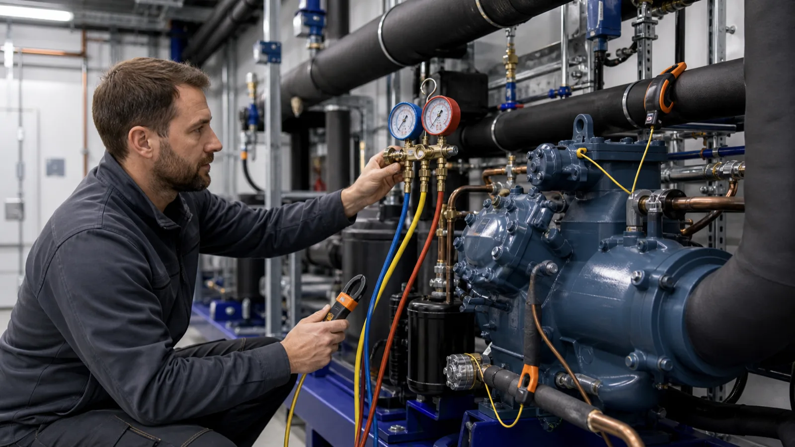 Servicetechniker misst Überhitzung und Betriebswerte an einer Kälteanlage mit Messkoffer