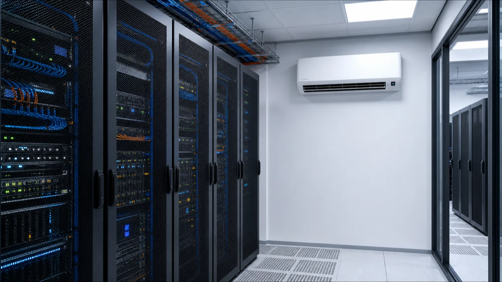 Moderner Serverraum mit Klimagerät und Temperatur-Monitoring an einem Display
