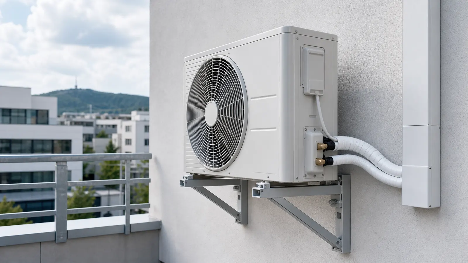 Außengerät einer Split-Klimaanlage sauber auf einem Halter montiert; gedämmte Kältemittelleitungen sind ordentlich geführt