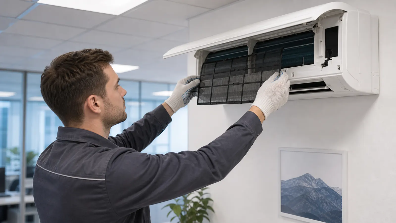 Techniker reinigt die Filter eines Wand-Splitgeräts; Wartungsarbeiten werden sauber und kontrolliert durchgeführt