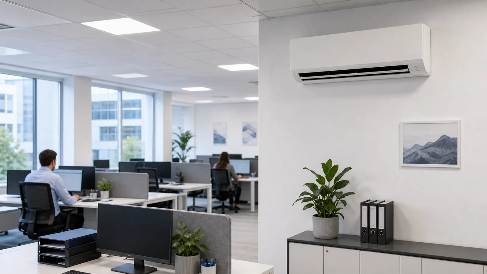 Wand-Splitgerät in einem modernen Büro; das Innengerät ist dezent montiert und kühlt einen Arbeitsbereich