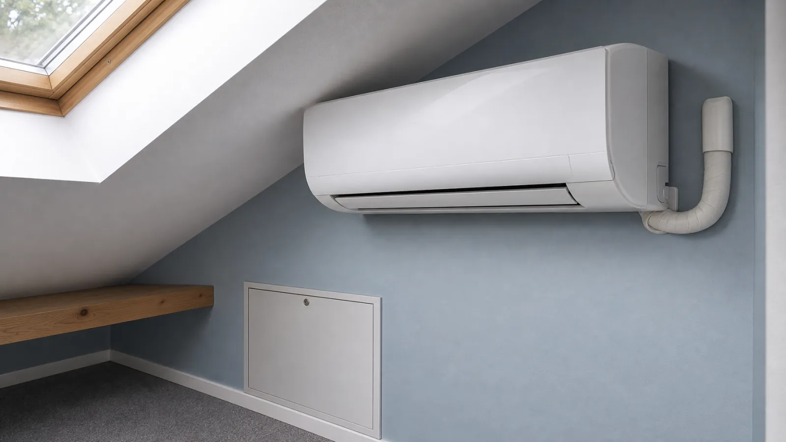 Innengerät einer Split-Klimaanlage mit fachgerechtem Abstand zur Dachschräge