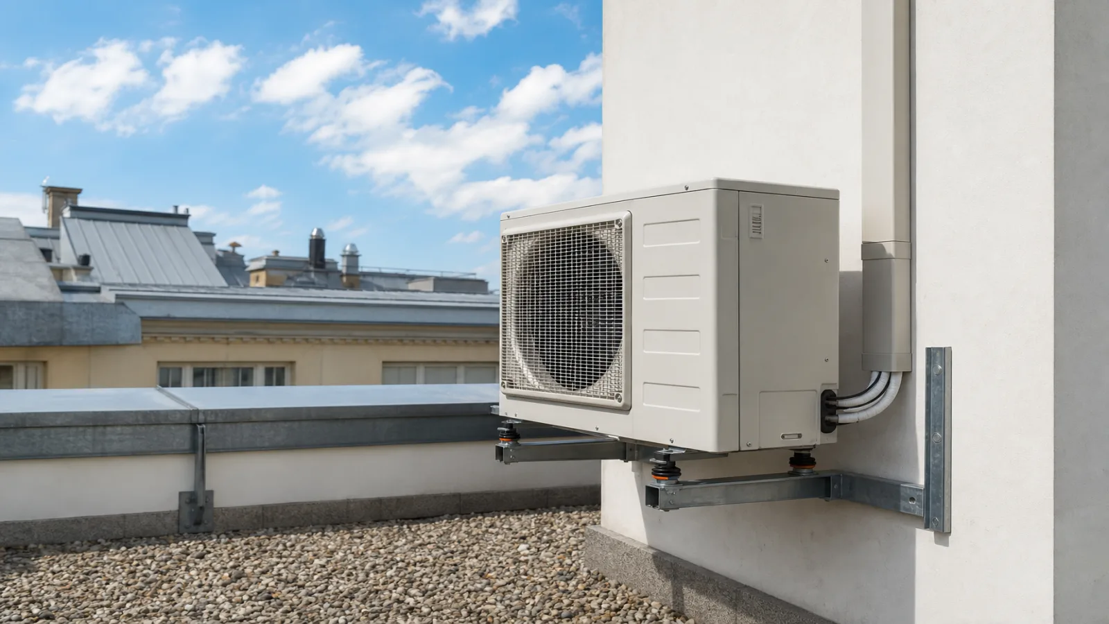 Außengerät einer Split-Klimaanlage mit freiem Luftstrom und schwingungsarmer Montage