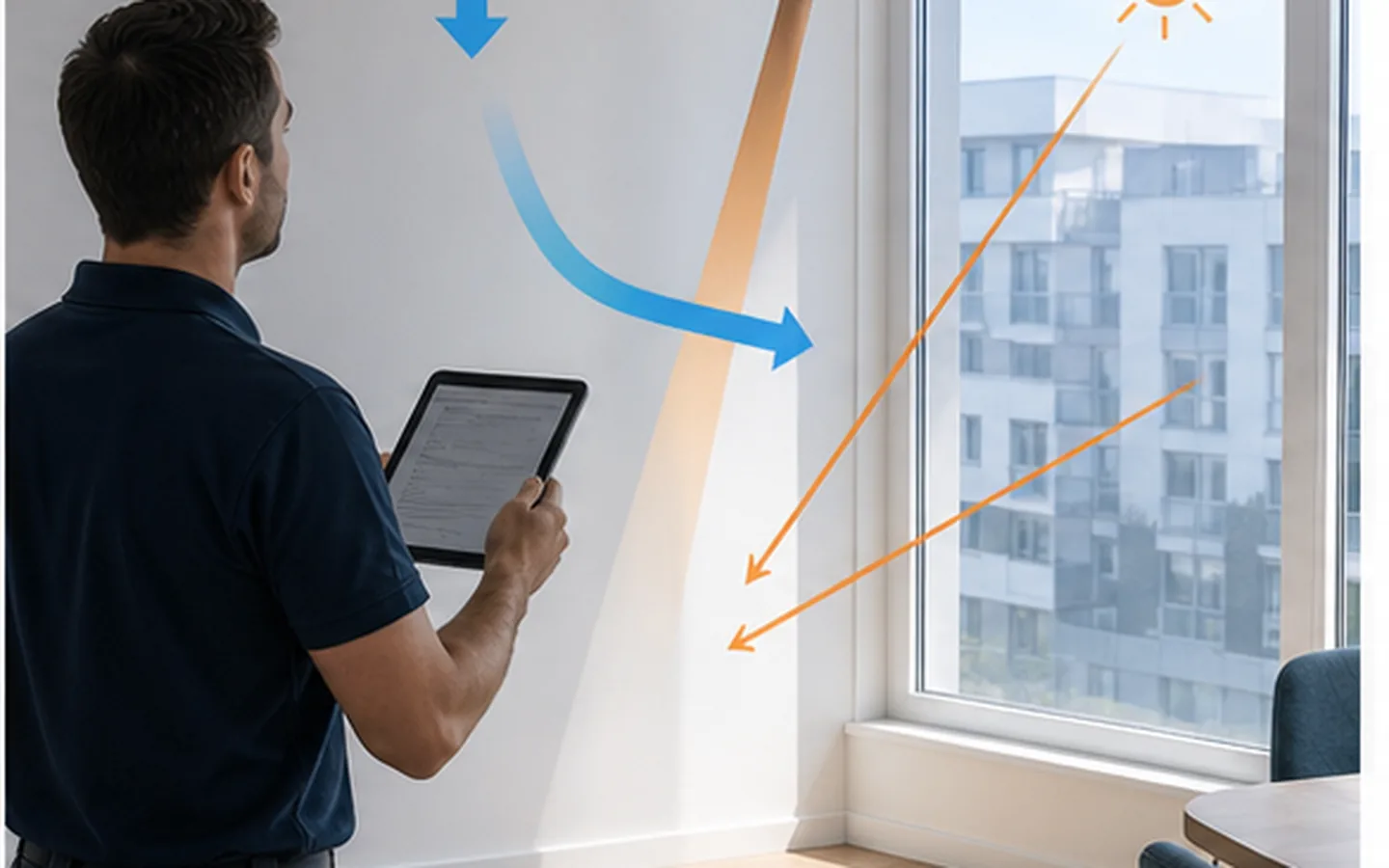 Techniker prüft Raum, Fensterwärme und Luftführung für eine Split-Klimaanlage