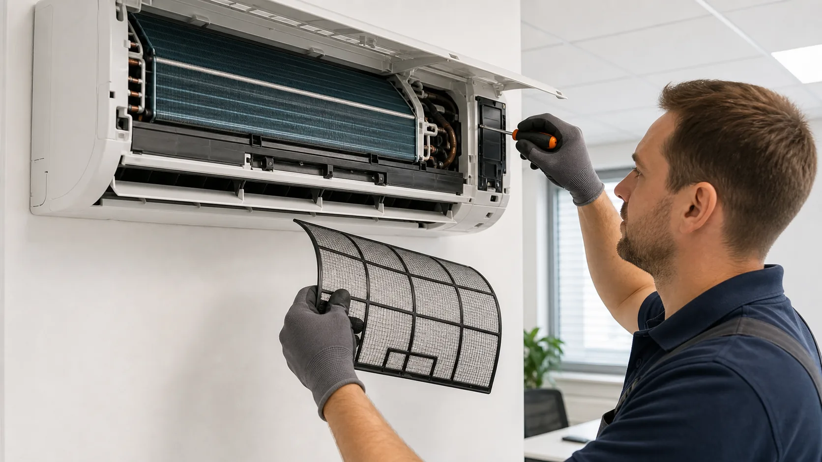 Geöffnete Front eines Split-Klimageräts mit ausgebauten Filtern und sichtbarer Lamellenfläche während einer professionellen Wartung