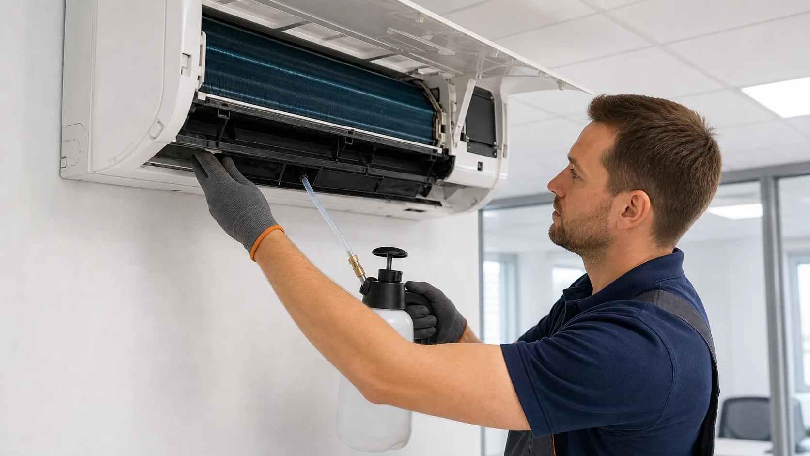 Techniker spült den Kondensatablauf einer Split-Klimaanlage und prüft Kondensatwanne sowie Ablaufleitung in einer Büroeinheit