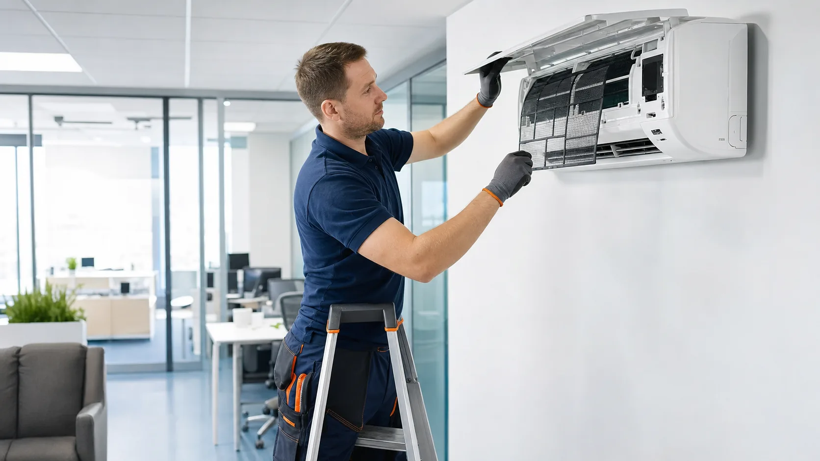 Servicetechniker reinigt das Innengerät einer Split-Klimaanlage in einem modernen Büro und kontrolliert Filter sowie Wärmetauscher
