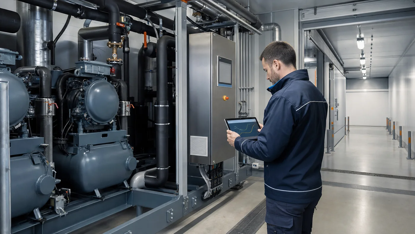 Techniker prueft Temperaturmonitoring vor einer Kaelteanlage und einem Kuehlraum in einem Betrieb