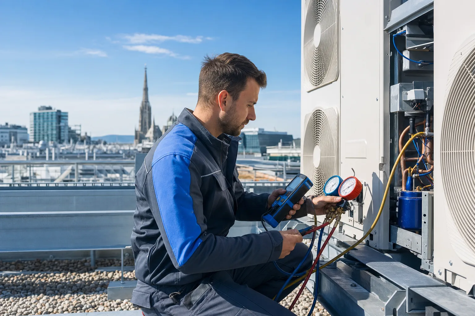 Servicetechniker misst an einem Rueckkuehlaggregat auf dem Flachdach Druck und Betriebswerte im Kaltwetterbetrieb