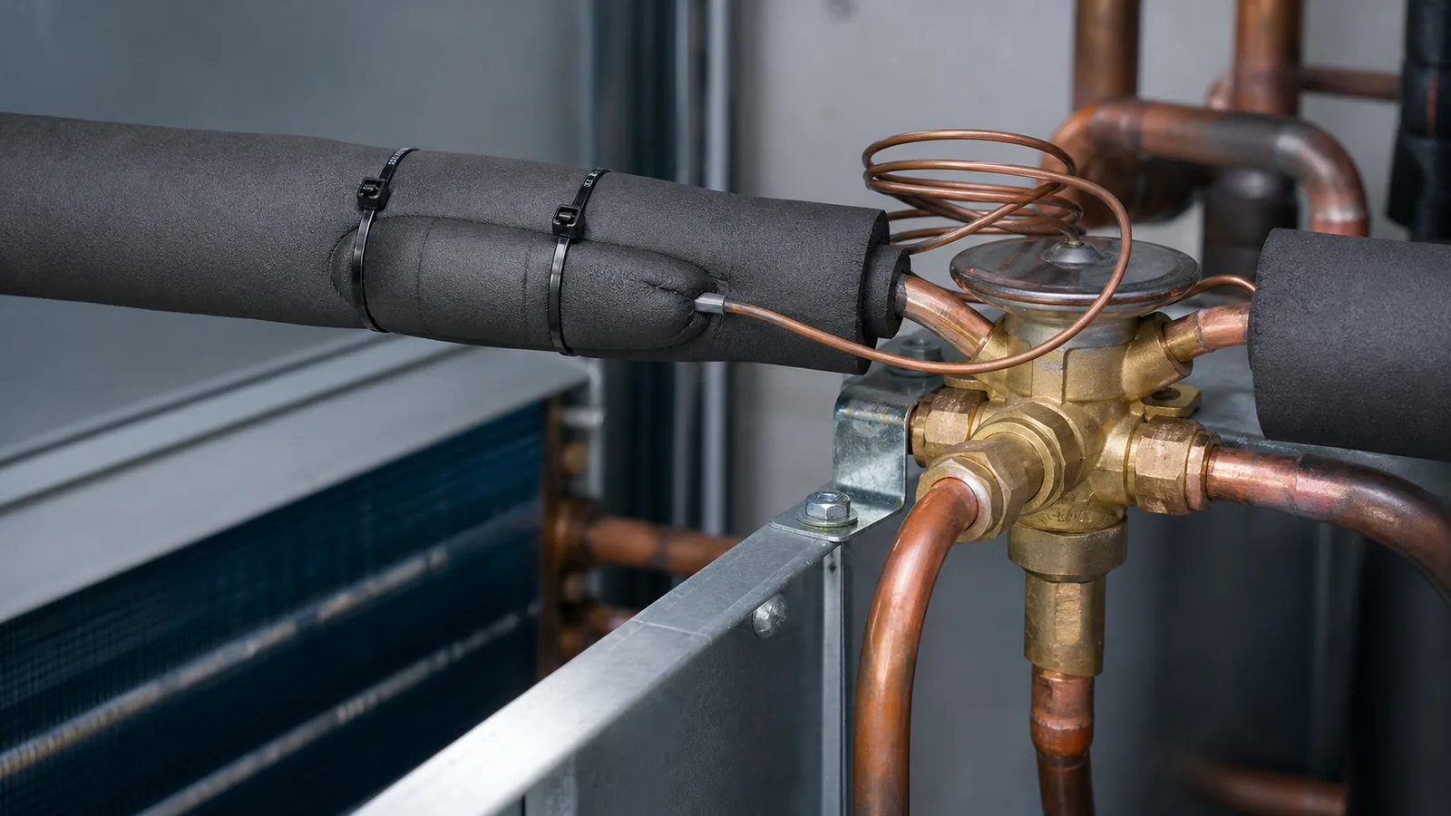 TXV-Fühler (Bulb) ist korrekt auf einer horizontalen Saugleitung befestigt und isoliert