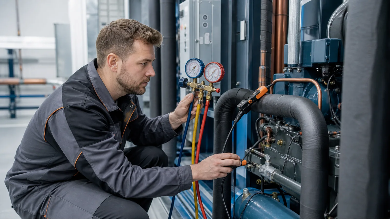 Techniker misst Überhitzung an einer Kälteanlage mit Manometer und Temperaturfühler am Saugleitungstrang