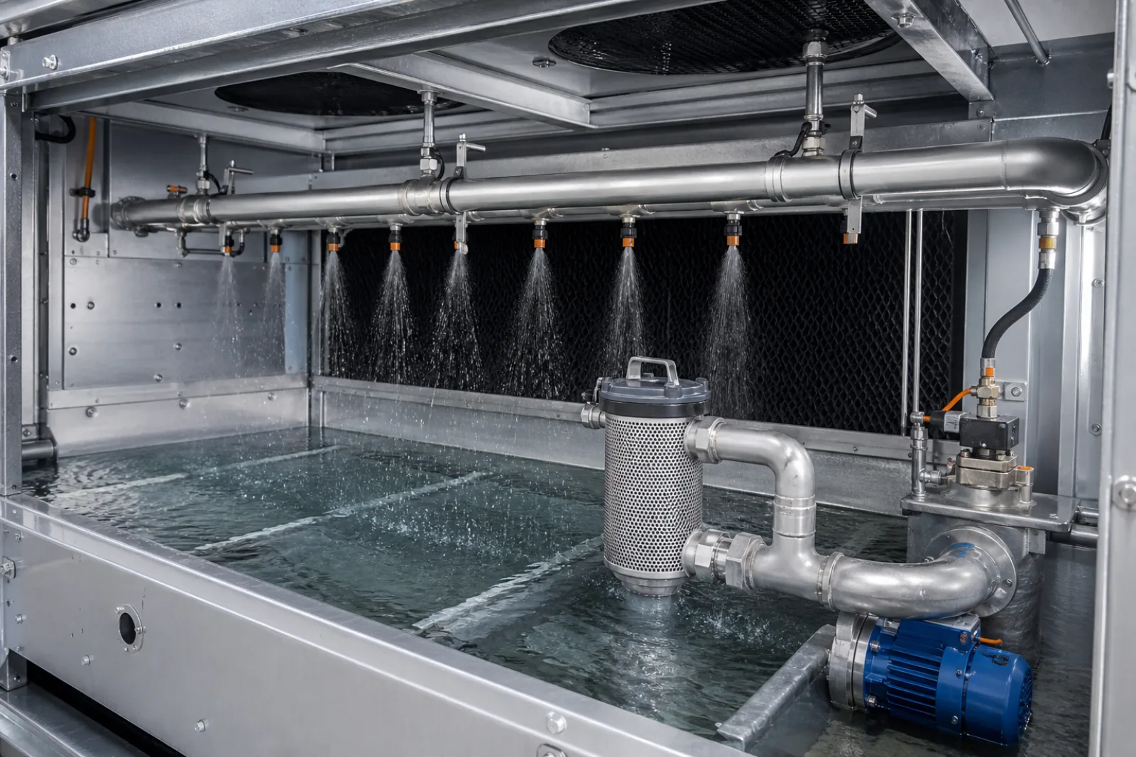 Blick in ein Verdunstungskondensator-Becken mit Wasserverteilung, Filter und gereinigten Oberflächen