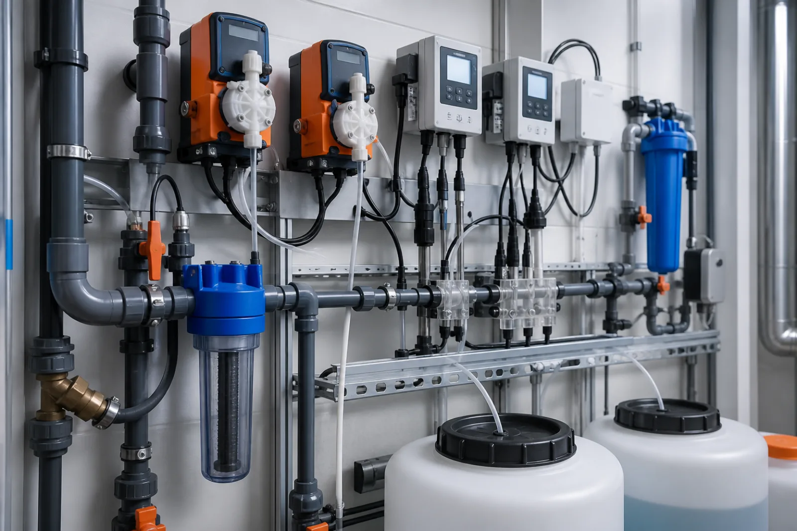 Wasseraufbereitungsstation mit Dosierpumpen, Messsonden und Leitfähigkeitsmessung neben einem Verdunstungskondensator
