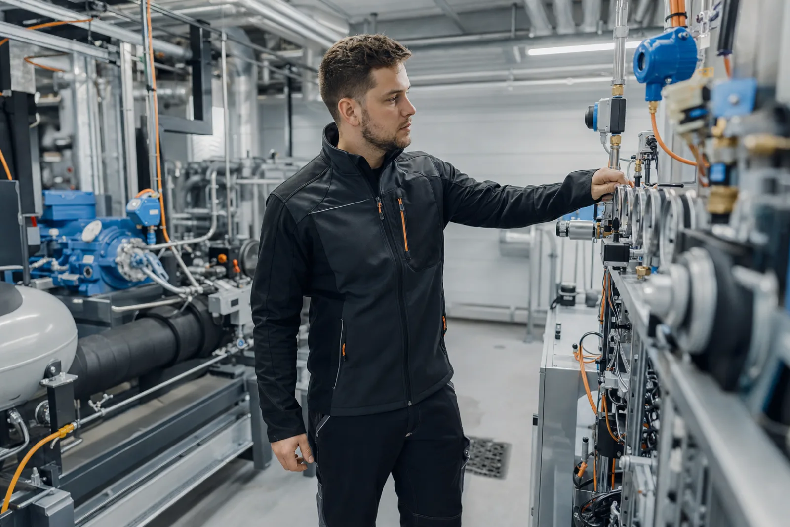 Techniker kontrolliert einen Verdunstungskondensator auf einem Industriegebäude; Blick auf Ventilator und Wasseraufbereitung