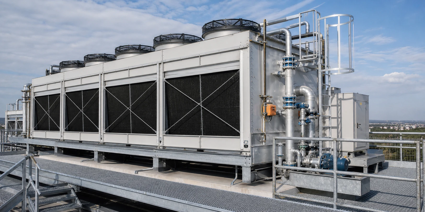 Verdunstungskondensator mit axialen Ventilatoren und feuchter Wärmeabfuhr auf einer industriellen Dachfläche