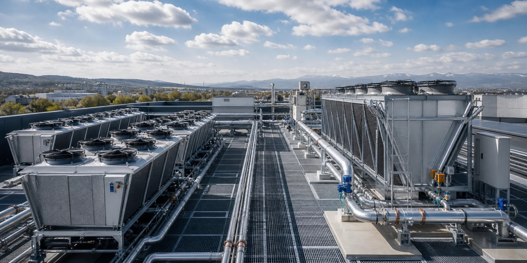 Industriegebäude mit Rückkühltechnik auf dem Dach, kombiniert aus trockener Luftkühlung und wassergeführter Wärmeabfuhr in technischer Gesamtansicht