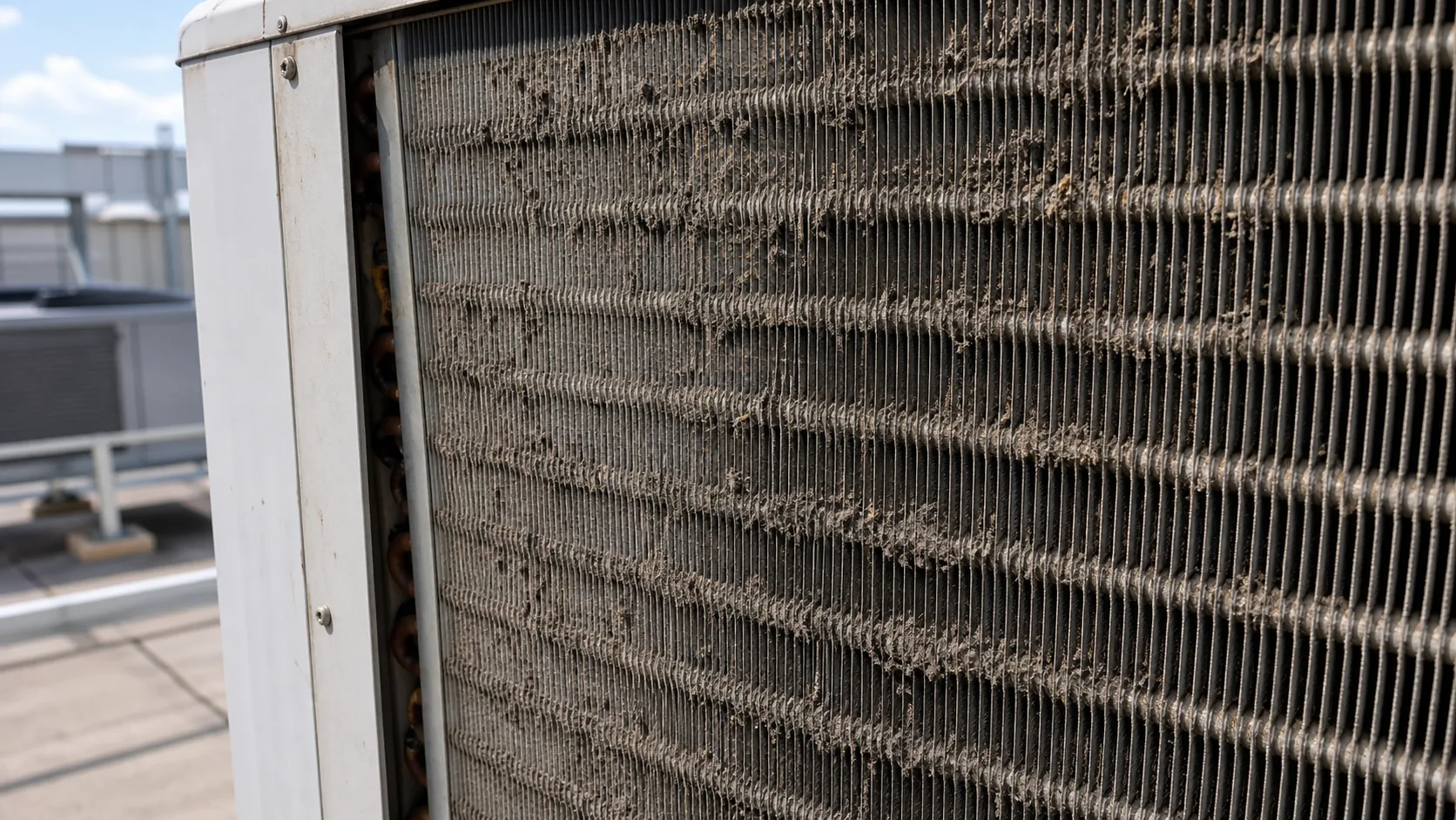 Nahaufnahme eines verschmutzten luftgekühlten Verflüssigers mit Staub und Pollen in den Lamellen einer Gewerbekälteanlage