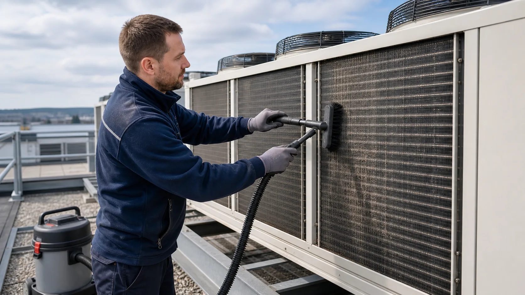 Servicetechniker reinigt den Verflüssiger einer Kälteanlage mit geeignetem Werkzeug und freier Arbeitszone auf einem Gewerbedach
