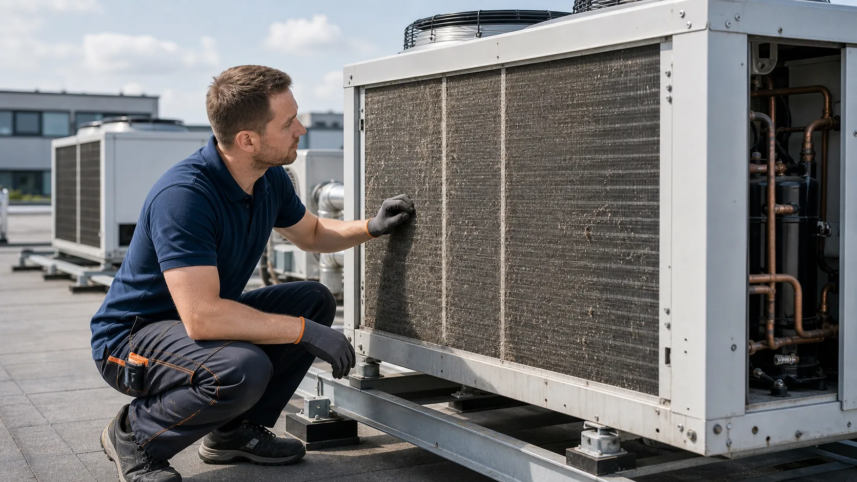 Techniker prüft einen verschmutzten lamellenförmigen Verflüssiger einer gewerblichen Kälteanlage auf dem Dach eines Betriebsgebäudes