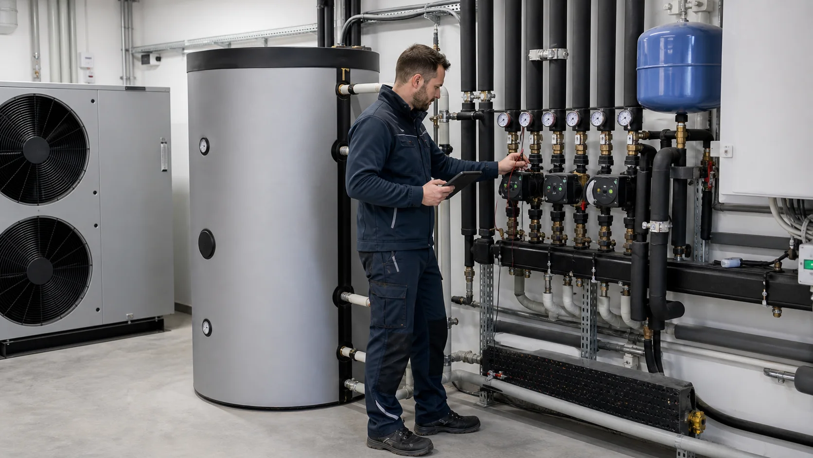 Waermepumpenzentrale mit Pufferspeicher, Pumpengruppe und sauberer Rohrhydraulik in einem Gewerbeobjekt
