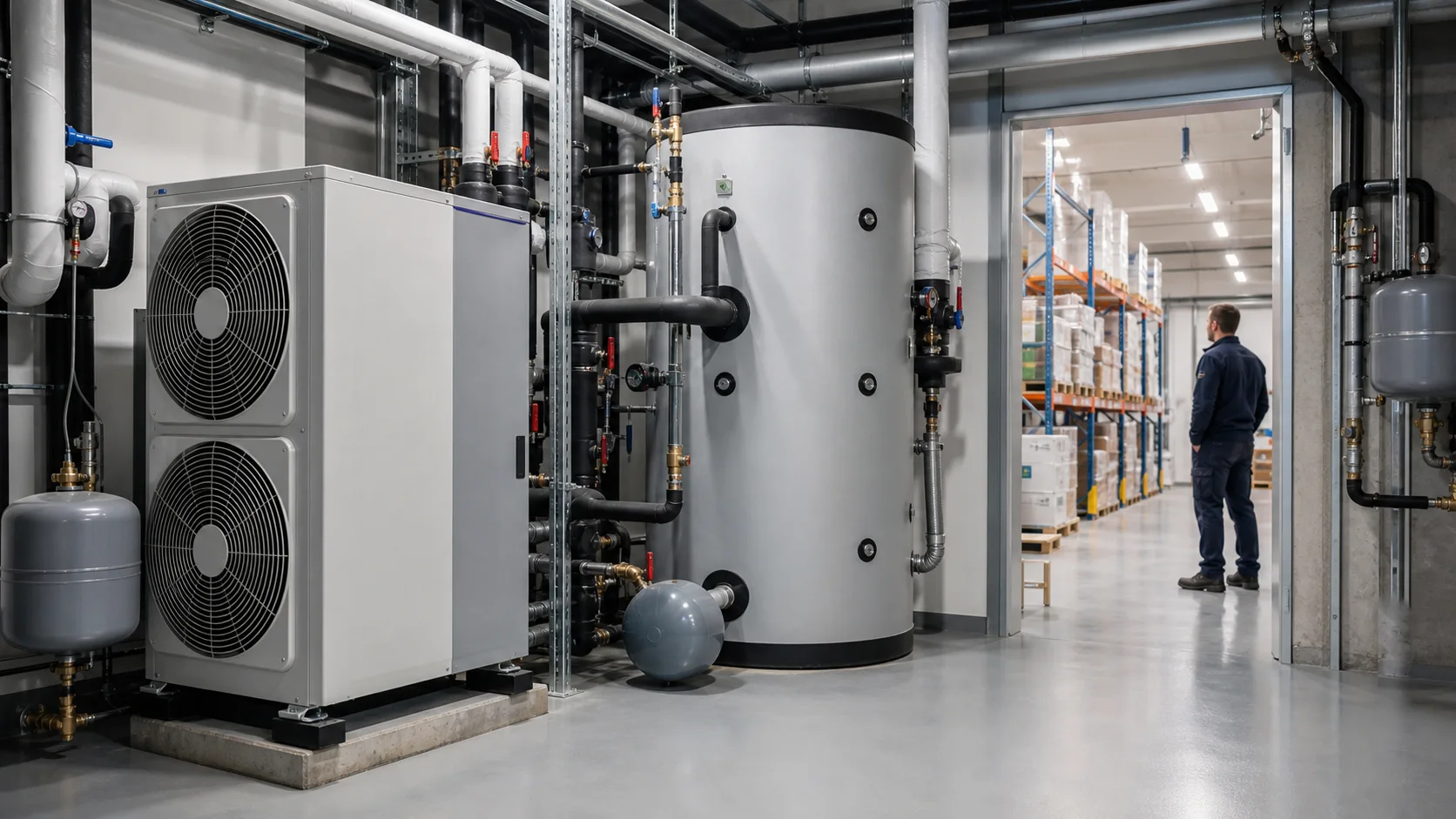 Gewerbliche Gebaeudetechnik mit Waermepumpe, Speicher, Energiefluss und abstrahierten Lastspitzen ohne Text