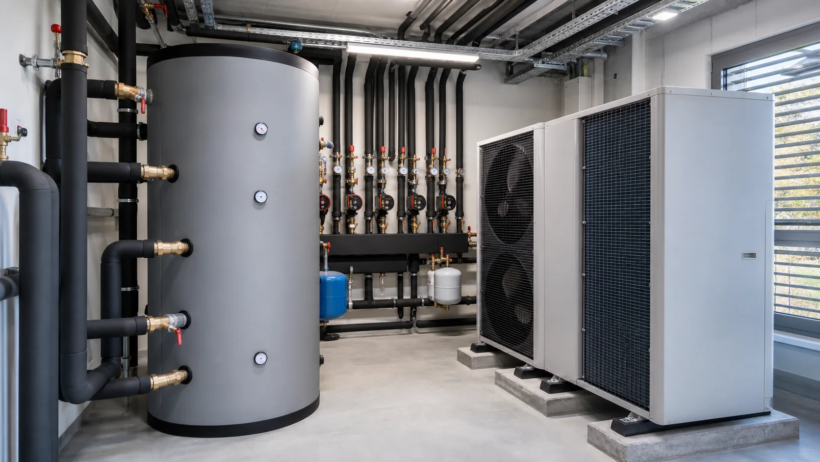 Gewerbliche Waermepumpenzentrale mit Pufferspeicher, Messpunkten und moderner Gebaeudetechnik in Oesterreich