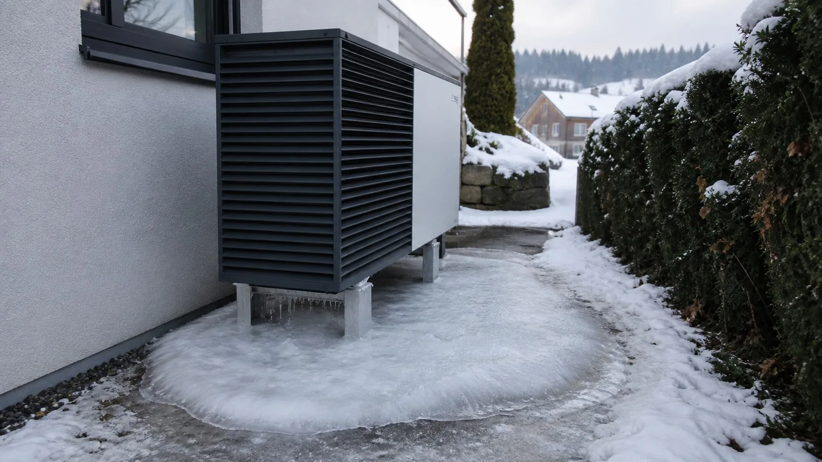 Außengerät einer Wärmepumpe mit sichtbarer Eisplatte am Boden und zu geringem Abstand zur Wand; Luftwege wirken eingeschränkt
