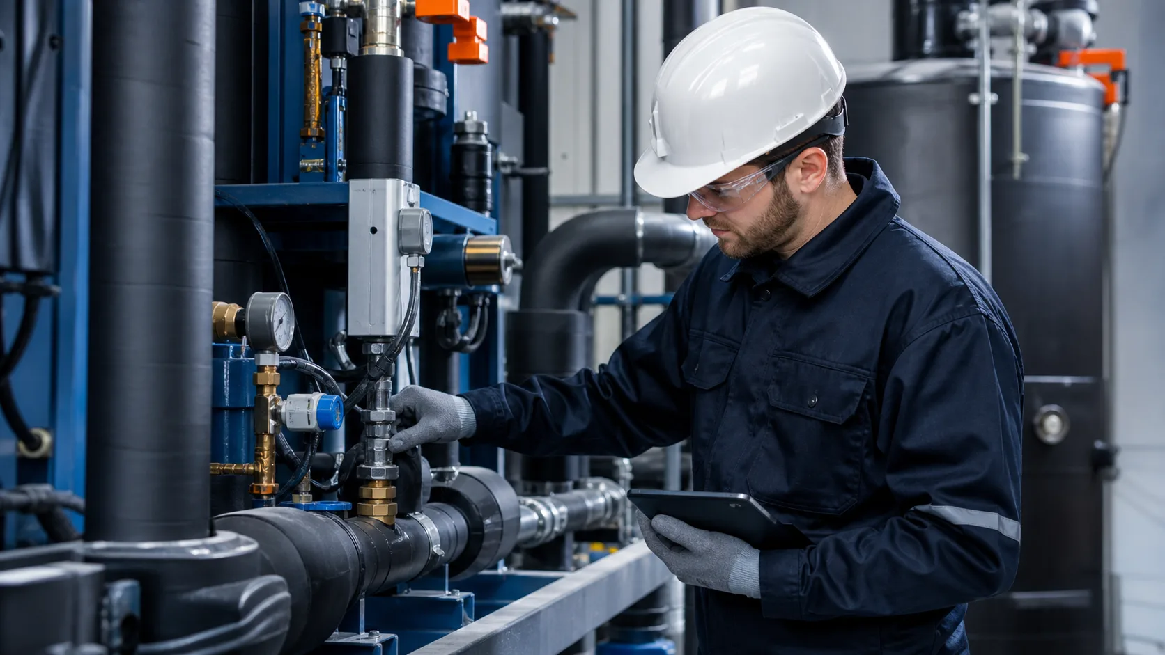 Techniker prüft Hydraulik und Messstellen an einer gewerblichen Wärme- und Kälteanlage mit gedämmten Rohrleitungen und Plattenwärmetauscher