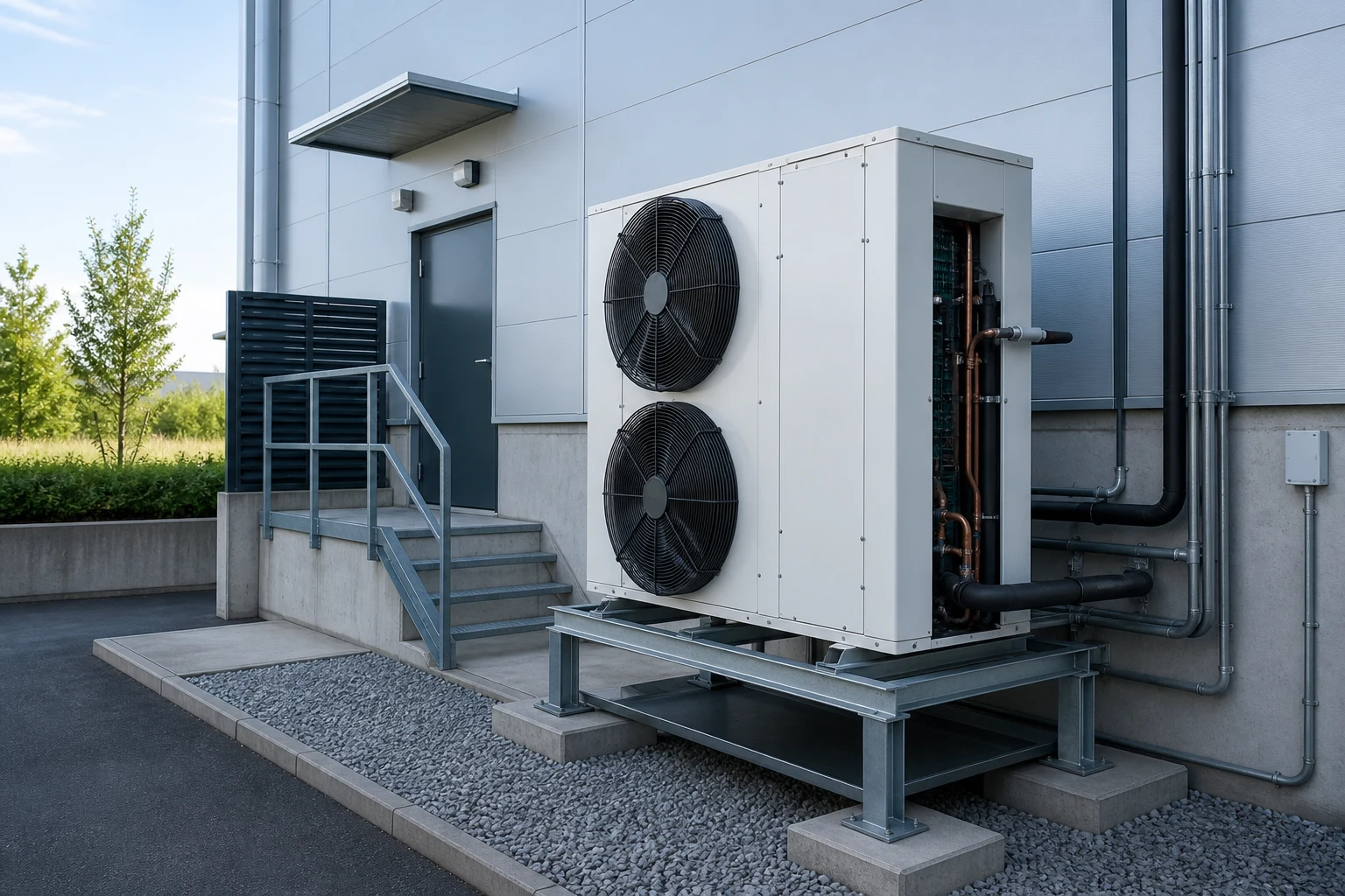 Außen aufgestellte gewerbliche Wärmepumpe neben einem modernen Betriebsgebäude mit freiem Servicezugang und gedämmten Leitungen