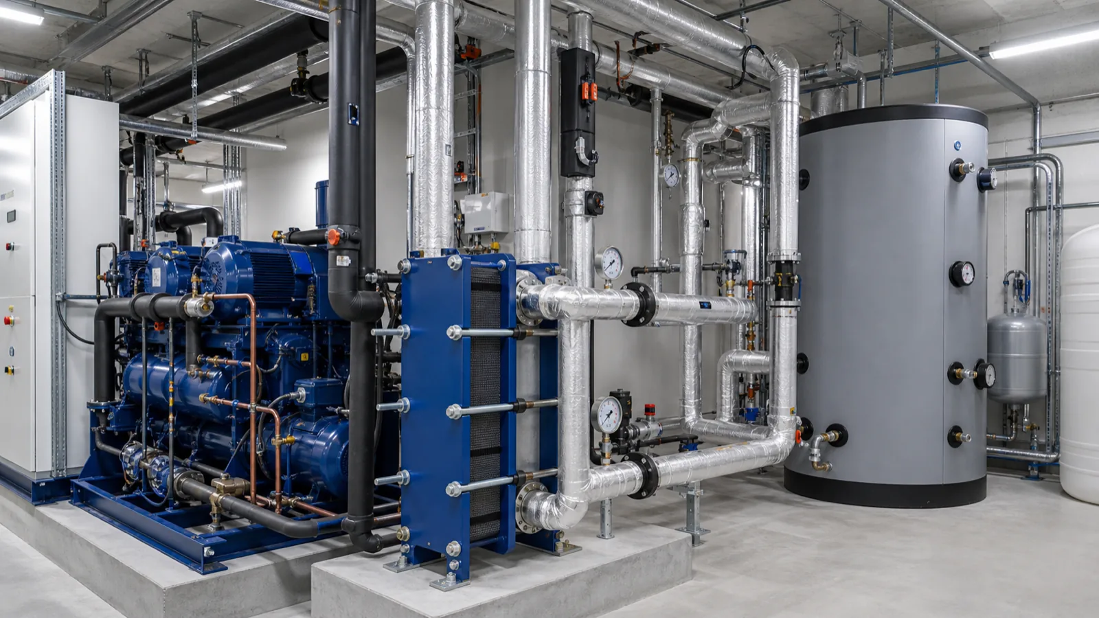 Technikraum mit Kälteanlage, Pufferspeicher und Plattenwärmetauscher für Wärmerückgewinnung in einem Betrieb
