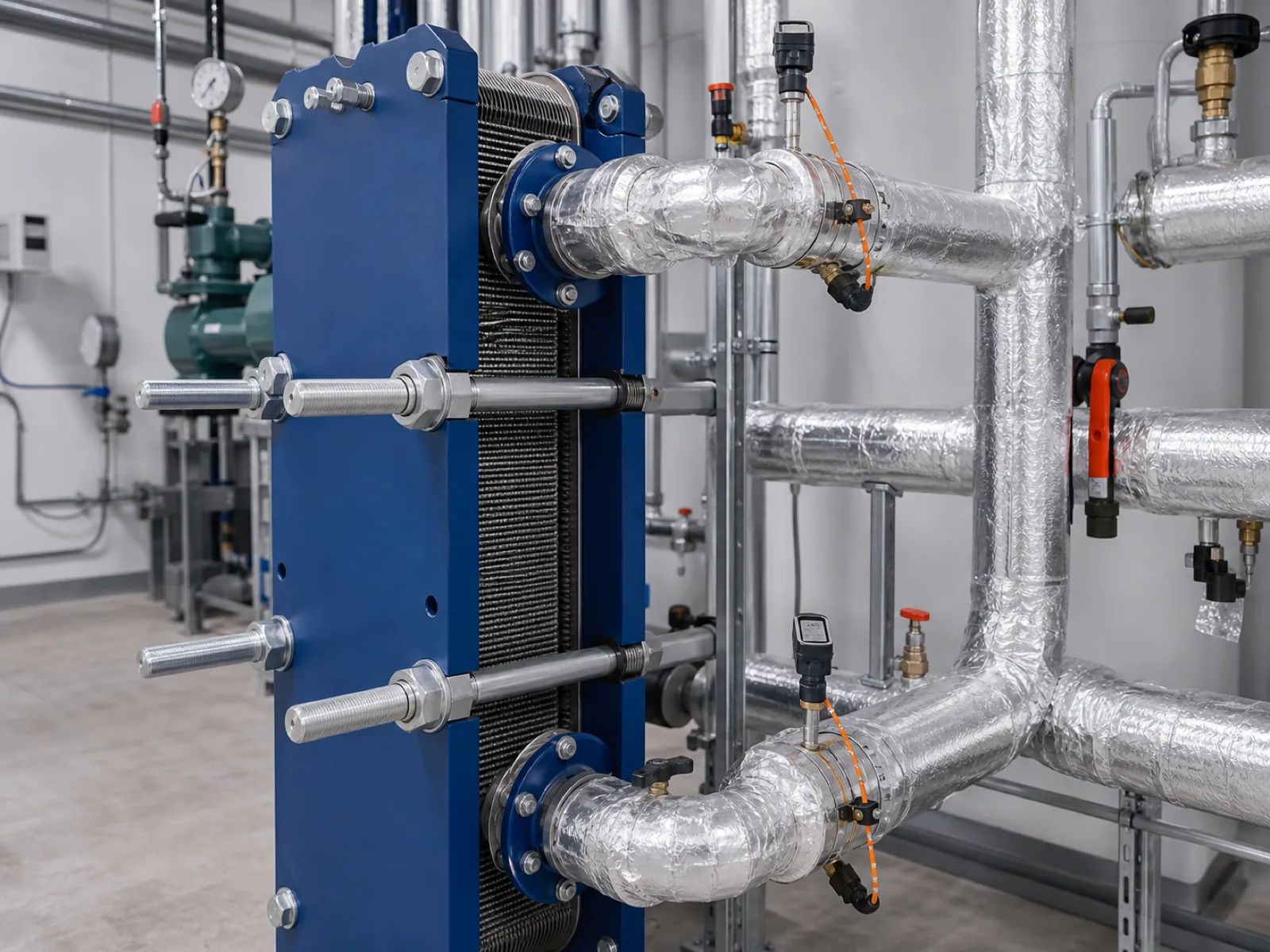 Plattenwärmetauscher mit isolierten Rohrleitungen als Schnittstelle zwischen Kälteanlage und Warmwasserkreis