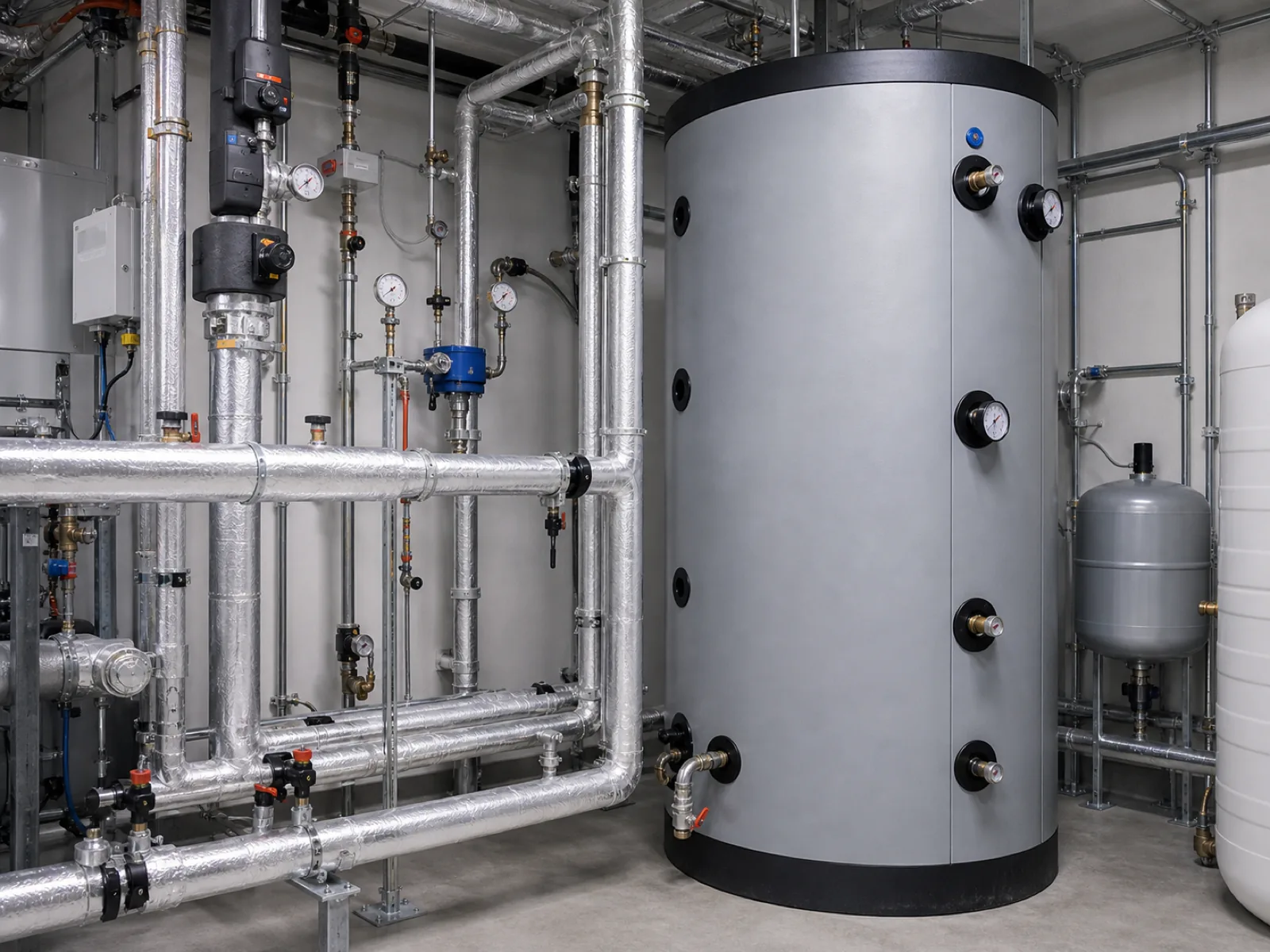 Pufferspeicher im Technikraum als Teil einer Wärmerückgewinnungsanlage für Warmwasser