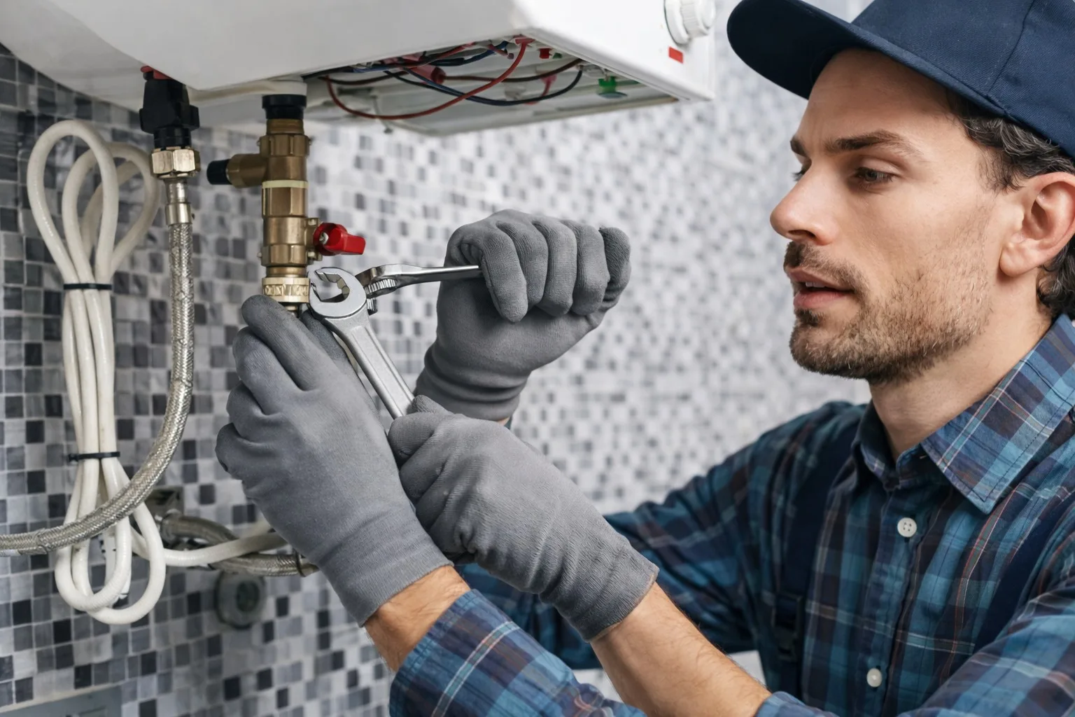 Techniker prüft eine Rohrverbindung unter einer Gastherme