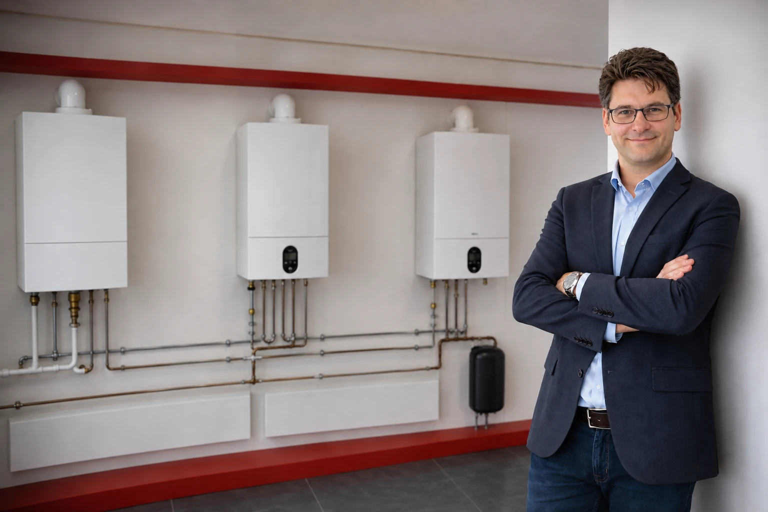 Christian mit Thermen im Heizungs-Schauraum