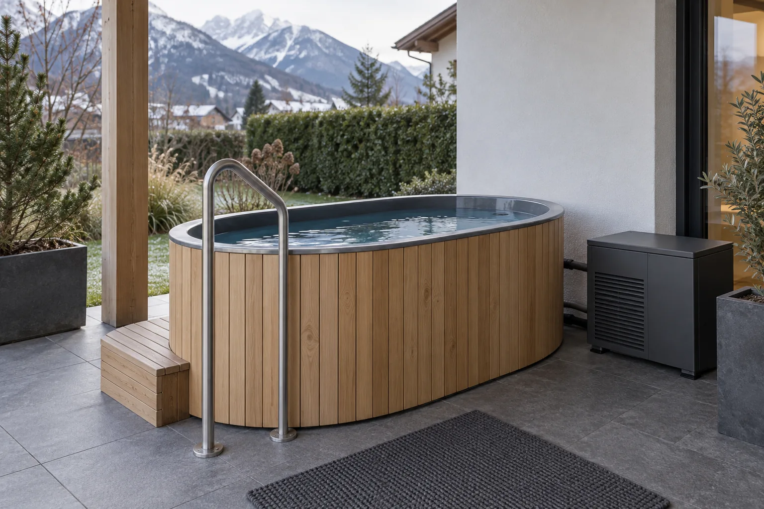 Kaltwasserbecken mit separatem Kühlaggregat auf einer Terrasse