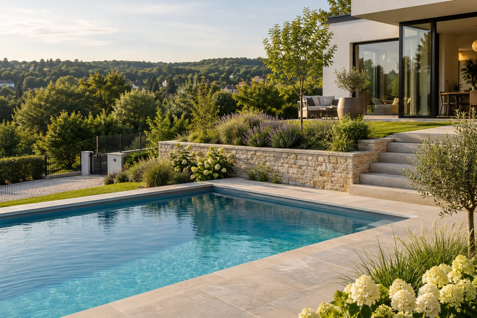 Pool in einem terrassierten Garten mit zugänglichen Wegen