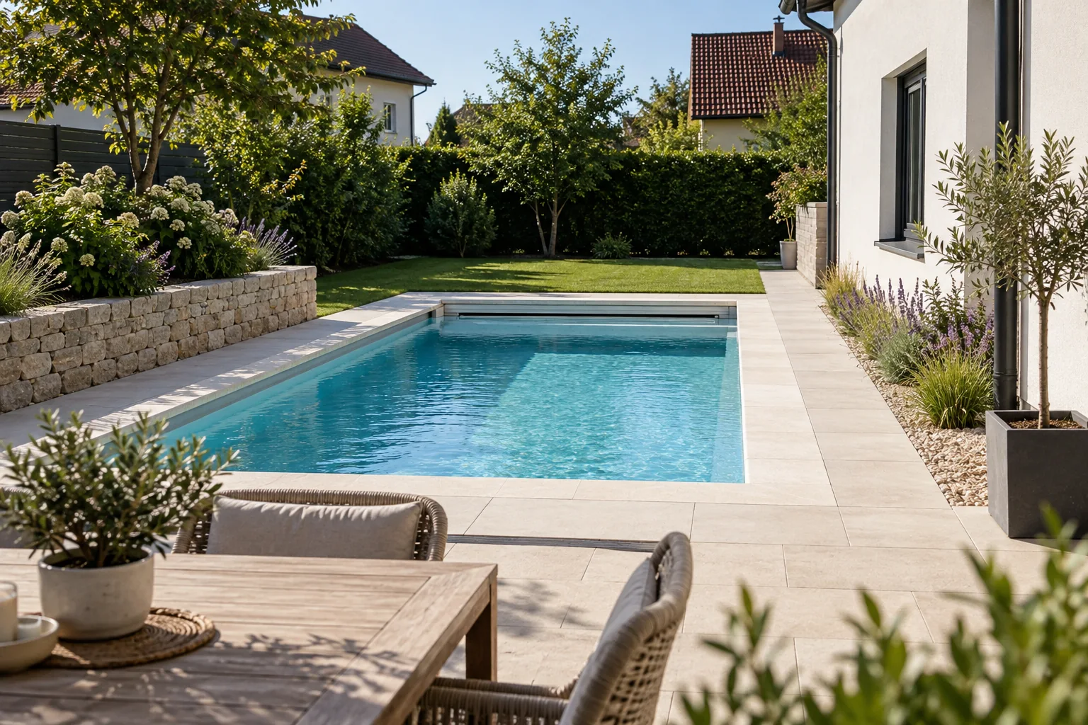 Kompakter Gartenpool mit seitlichem Zugang