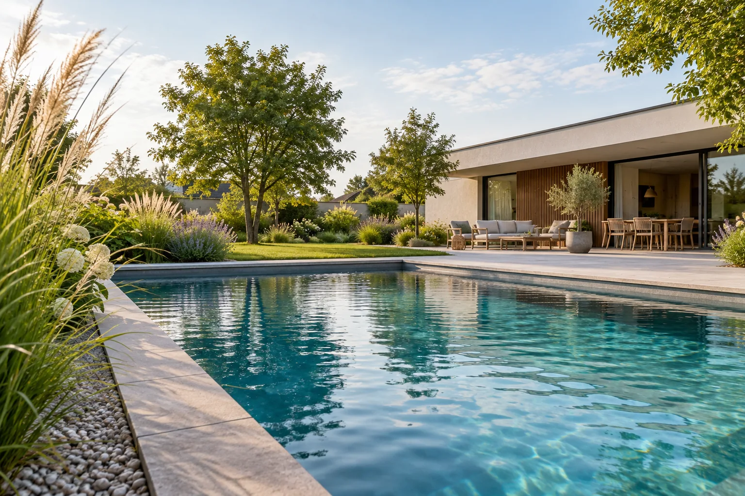Schwimmbecken und Terrasse auf einem ebenen Gartengrundstück