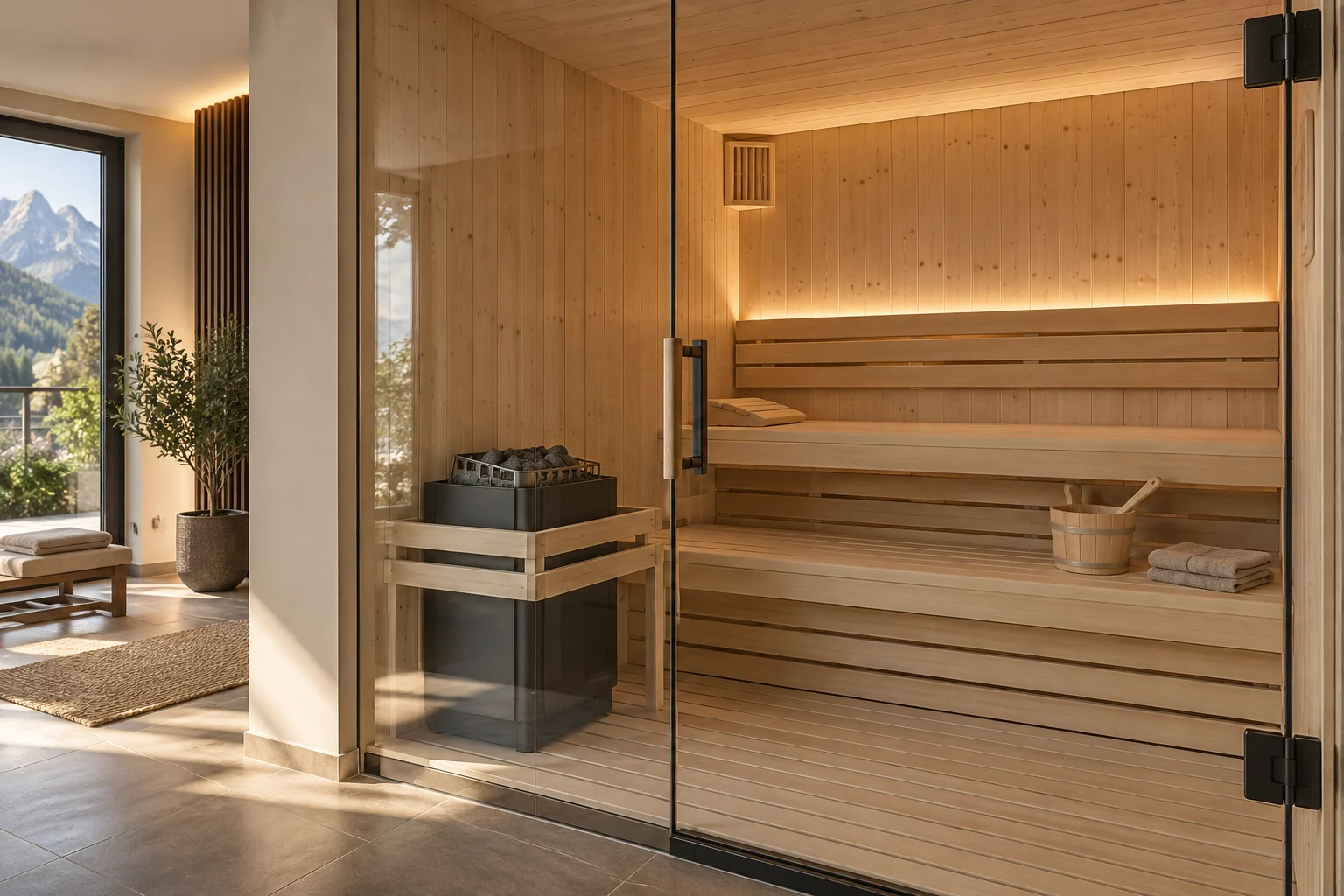Holzsauna mit Glasfront und elektrischem Saunaofen