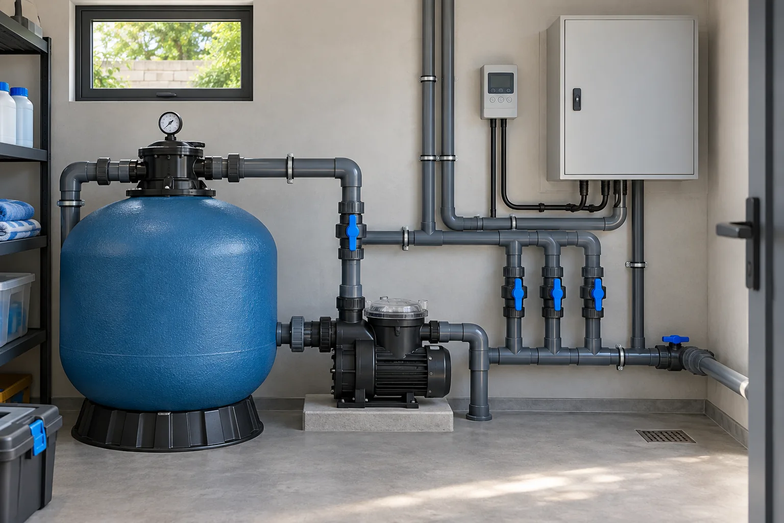 Pooltechnikraum mit Filter und Umwälzpumpe