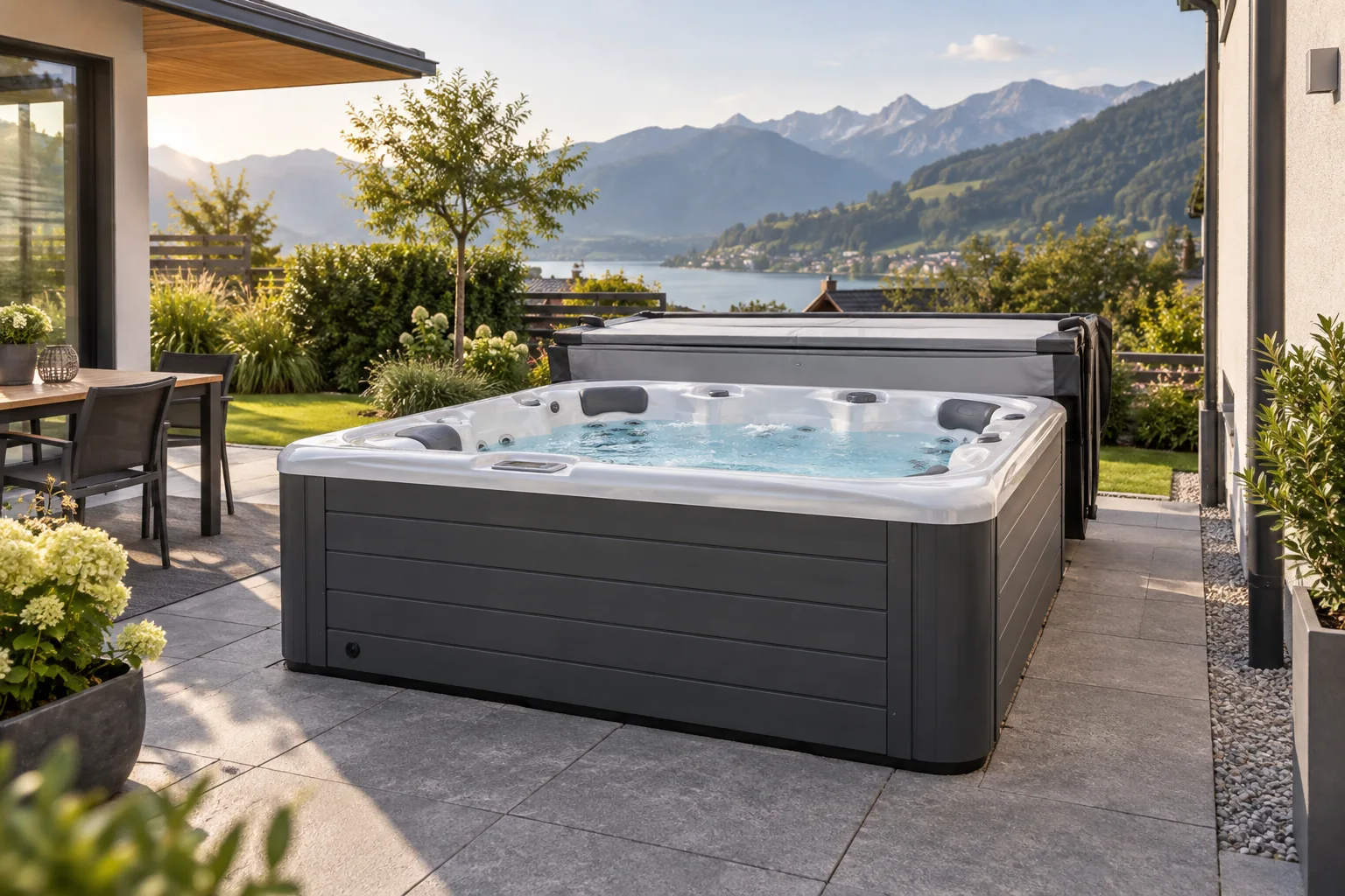 Whirlpool mit isolierter Abdeckung auf einer Hausterrasse