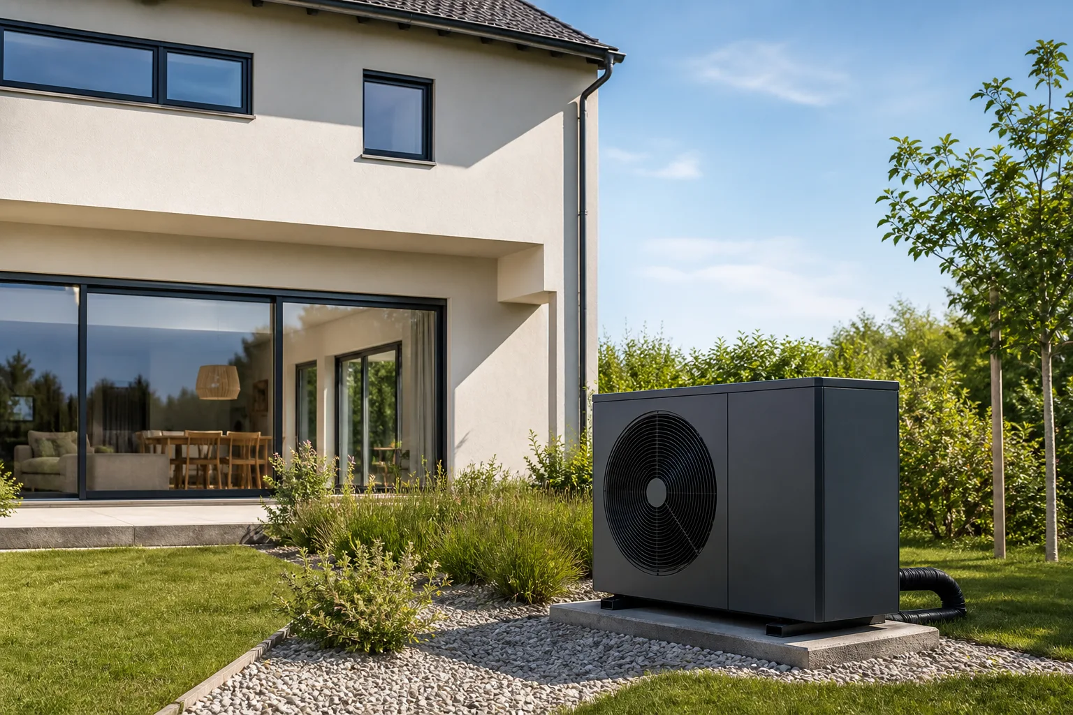 Visualisierung eines Hauses mit Wärmepumpe und sommerlichem Wohnkomfort